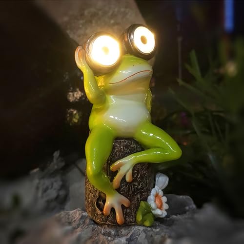 Solar Froschfigur für Garten Deko, Niedliche LED Augen Solarleuchte für Außen Wetterfest Gartendeko mit Warmlicht, Lustige Harz Gartenfiguren & Statuen Ideal für Terrasse, Balkon von Hekasvm