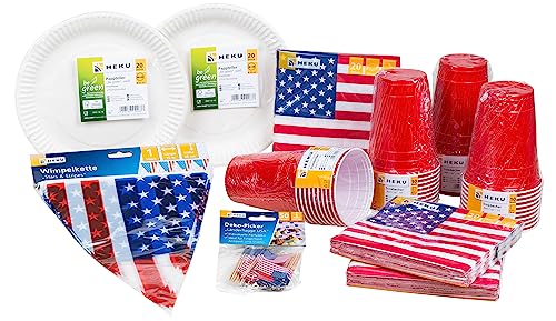 HEKU 191-tlg. USA Party-Set I Pappteller Ø23cm, rote Becher, 3-lagige Servietten 33x33cm, Deko-Picker, 10m Wimpelkette I Perfekt für Themenpartys und Nationalfeiertage von Heku