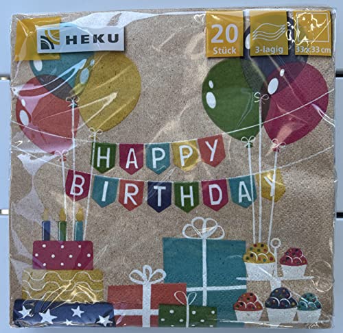 HEKU® 243-56 Servietten 20 Stück 33x33cm Tissue Design: Happy Birthday/nature von Heku