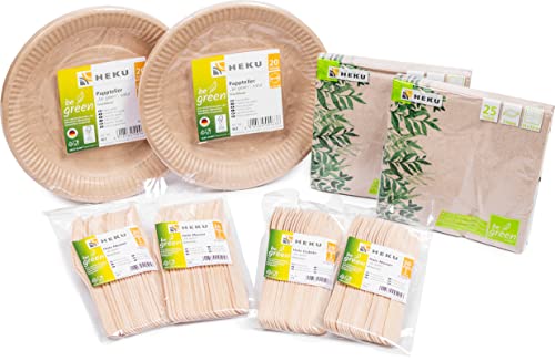 HEKU 170-teiliges Bio-Einweg-Set ‘be Green’, FSC-Zertifiziert , Deutsche Qualität, 100% biologisch abbaubar, mit Tellern, Besteck und Servietten ,Ideal für Veranstaltungen und Partys von Heku