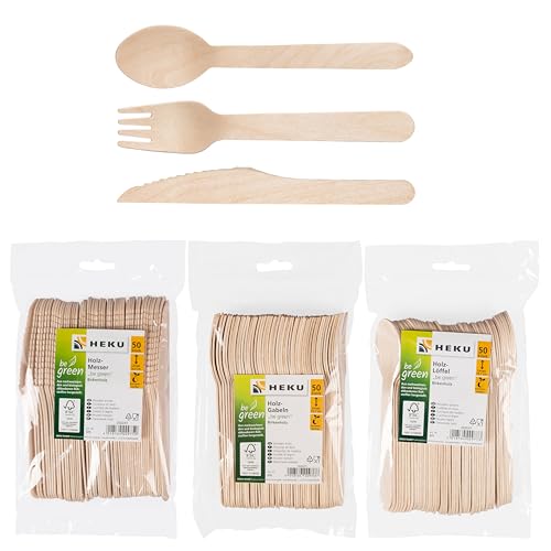 HEKU be green Einweg-Besteck-Set 150-teilig aus Birkenholz - 50 Messer (16,5 cm), 50 Gabeln, 50 Löffel (15,7 cm) I Kompostierbar I Hergestellt aus nachwachsenden und biologisch abbaubaren Rohstoffen von Heku