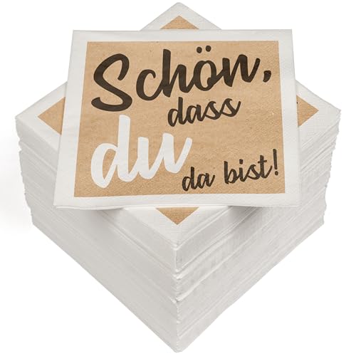 HEKU 100 Servietten, 3-lagig, 33x33cm I Saugstark und praktisch verpackt I Ideal für Hochzeiten, Jubiläen und besondere Anlässe, Schön, dass du da bist nature von Heku