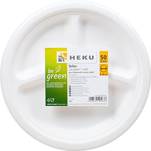 HEKU 'be green' 50er-Pack, 3-geteilte Zuckerrohr-Teller, Ø 26cm I Mikrowellengeeignet I Home Compostable I Ideal für alle Anlässe I Weißes Design von Heku