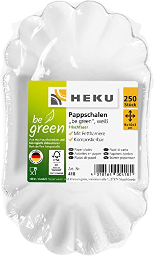 HEKU be green - 250 Kompostierbare Pappschalen, 9x16x3cm I Ideal für Snacks mit Fettbarriere, Perfekt für Verschiedene Anlässe I Hergestellt aus Frischfaser von Heku