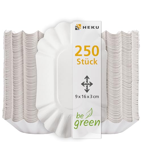 HEKU be green - 250 Kompostierbare Pappschalen, 9x16x3cm I Ideal für Snacks mit Fettbarriere, Perfekt für Verschiedene Anlässe I Hergestellt aus Frischfaser von Heku