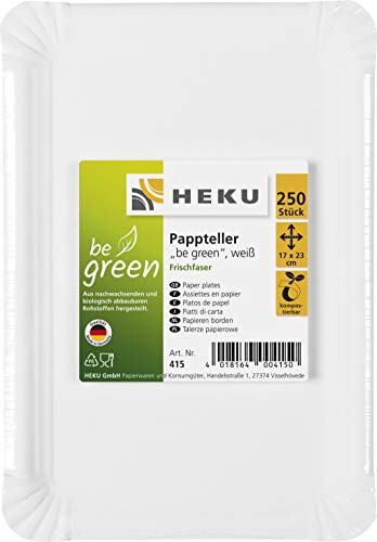 HEKU be green Einweg-Pappteller, 250 Stück, 17 x 23 cm I Kompostierbar & Umweltfreundlich I Ideal für Verschiedene Anlässe I Ohne Beschichtung I 100% Frischfaser von Heku