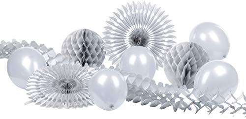 Heku 30008-23: Party-Deko-Set mit Wabenbällen, Dekofächern, Einer Girlande aus Papier und Luftballons, 10-teilig, Silber von Heku