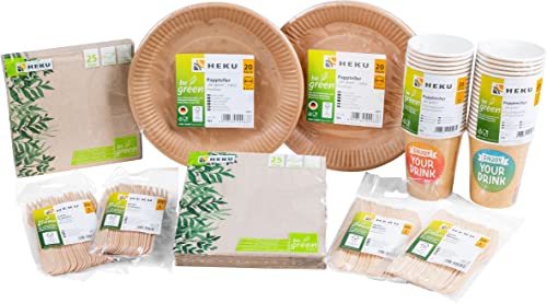 HEKU 210-teiliges Bio-Einweg-Set ‘be Green’, I FSC-Zertifiziert I Deutsche Qualität, 100% biologisch abbaubar, mit Tellern, Besteck, Servietten, Pappbechern I Ideal für Veranstaltungen und Partys von Heku