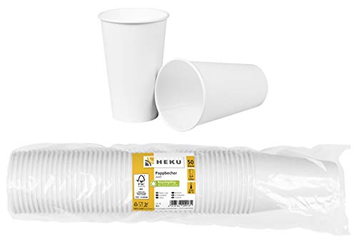Heku 50 weiße Pappbecher| Frischfaser mit Beschichtung | Umweltfreundlich & recyclingfähig | FSC-Zertifiziert | Für Heiß- und Kaltgetränke | Ideal für Veranstaltungen, Büros und Cafés, 0,4l von Heku