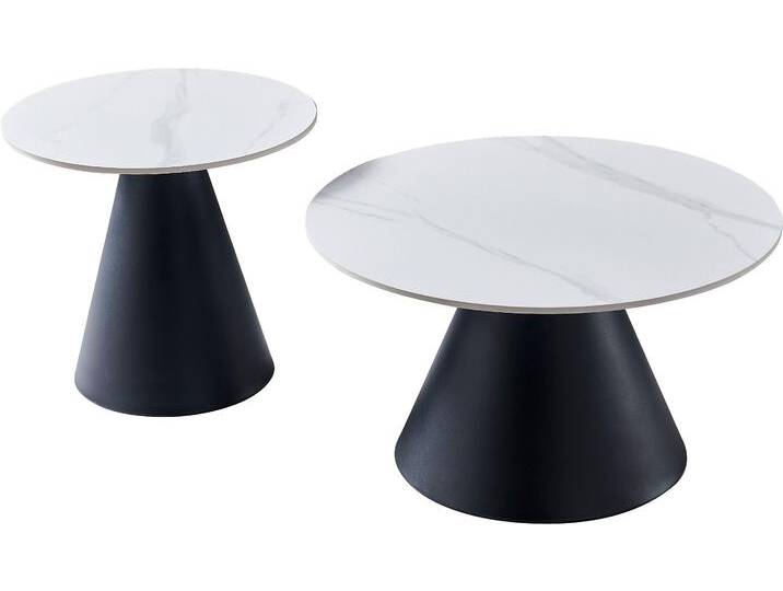 Couchtisch HELA DUSTIN , weiß (marmoroptik weiß matt, schwarz, schwarz, marmoroptik weiß matt), Tische, 2er Set Couchtisch; rund; Sintered Stone; Gestell kegelförmig von Hela-Tische