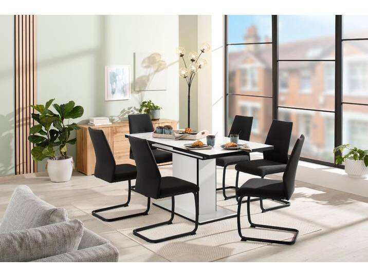 Essgruppe HELA Ariana, Esstisch mit 6 Stühlen, ausziehbarer Küchentisch , schwarz (weiß, bezug waterfree schwarz, schwarz, schwarz), Einlegeplatte, Bezug Webstoff waterfree, Sitzmöbel-Sets, Tisch 120-160cm, 6 Stühle mit hoher Belastbarkeit, Topseller von Hela-Tische