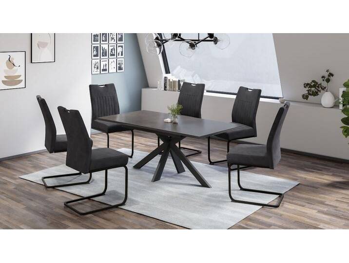 Essgruppe HELA MAIN , schwarz (keramikoptik, anthrazit, vintage anthrazit, schwarz), Microfaser, Synchron-Auszug, Sitzmöbel-Sets, Tisch 140-180 cm, Synchronauszug, Stuhl XL Sitzbreite und Federkorb von Hela-Tische