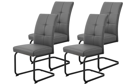 Hela Tische, 4er Set Freischwinger Esszimmerstuhl Malta, Bezug Kunstleder Grau, Vierkant Metallgestell Schwarz, ergonomischer Rücken, Schaumstoffpolster, 120kg belastbar von Hela Tische