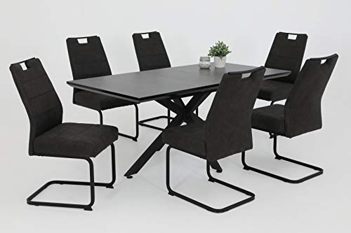 Hela Tische, 7-TLG. Essgruppe, Ausziehtisch mit Glasplatte Keramik-Optik 6X Freischwinger Stuhl Kerstin, Komfortsitz Federkorb, 140kg Belastbarkeit von Hela Tische