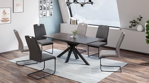 Hela Tische, 7-TLG. Essgruppe Sitzgruppe, Ausziehtisch mit Glasplatte Keramik-Optik, 4X Freischwinger Anthrazit 2X Grau, Lehne mit Griff von Hela Tische