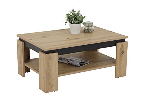 Hela Tische, Couchtisch Sofatisch Tim, Holzwerkstoff melaminbeschichtet, farbiger Tischkranz, Artisan/Schwarz, große Ablage, 90x60x41cm von Hela Tische