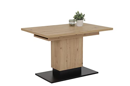 Hela Tische, Esstisch Säulentisch Lorena, Holzwerkstoff melaminbeschichtet, Dekor Artisan, abgesetzte Bodenplatte, Synchronauszug 120-180x80cm von Hela Tische