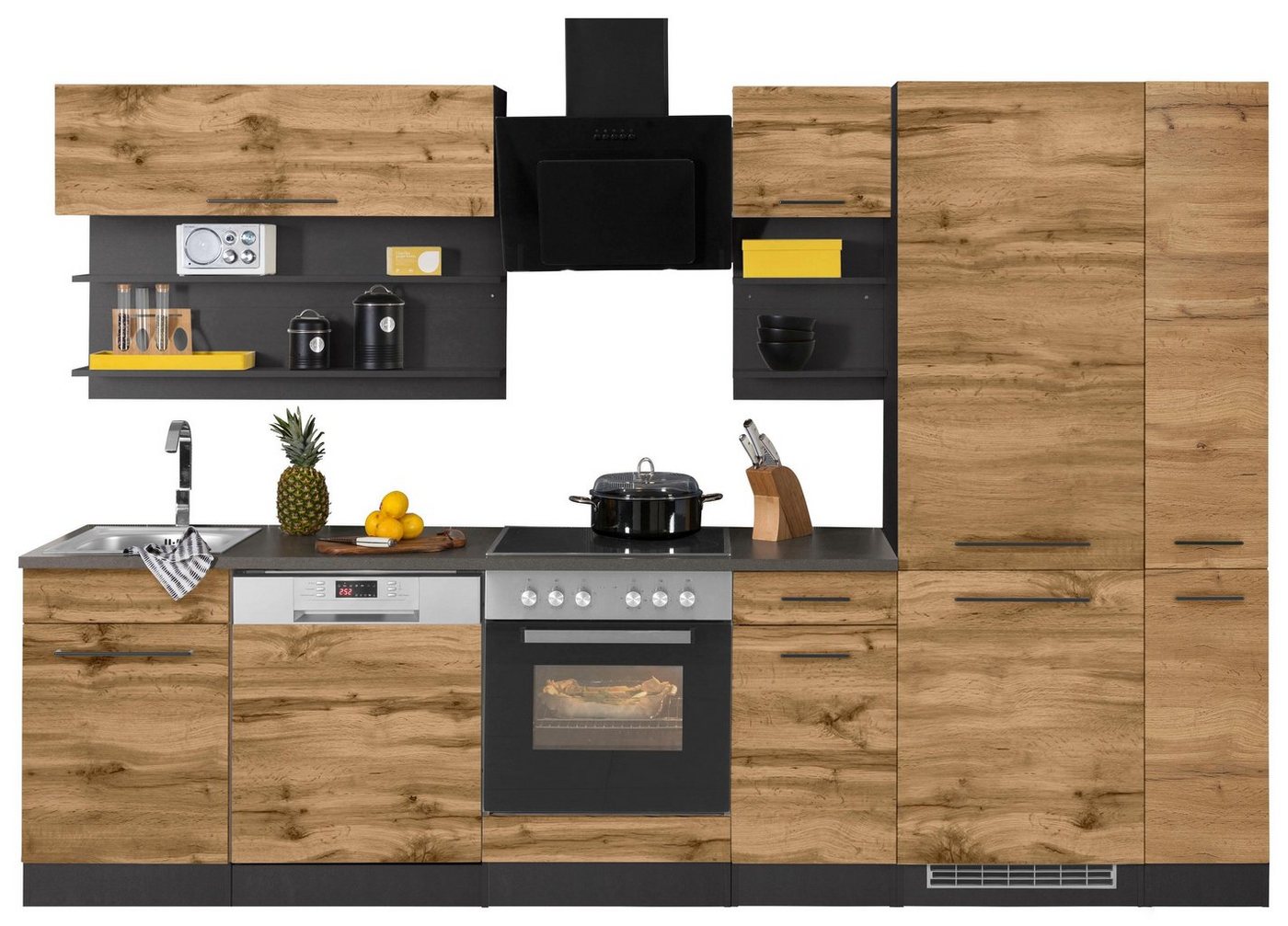 HELD MÖBEL Küchenzeile Tulsa, mit E-Geräten, Breite 300 cm, schwarze Metallgriffe, MDF Fronten von Held Möbel