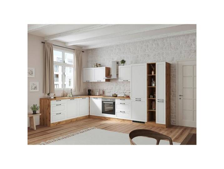 Held ECKKÜCHE, Weiß, Eiche Wotan, Metall, 6 Schubladen, seitenverkehrt montierbar, L-Form, nur wie online abgebildet bestellbar, 360x240 cm, Made in Held ECKKÜCHE, Weiß, Eiche Wotan, Metall, 6 Schubladen, seitenverkehrt montierbar, L-Form, nur wie online abgebildet bestellbar, 360x240 cm, Made in von Held-Möbel