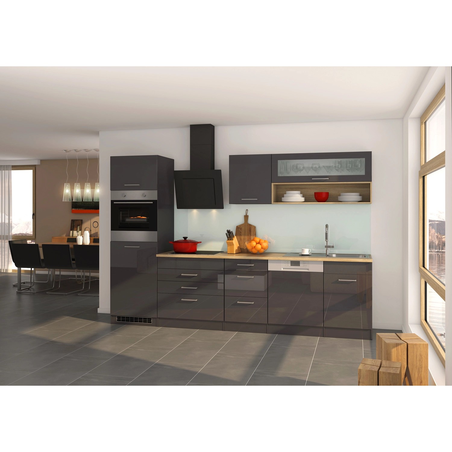 Held Möbel Küchenzeile Mailand 300 cm Grau Hochglanz-Grau Matt mit E-Geräten von Held Möbel