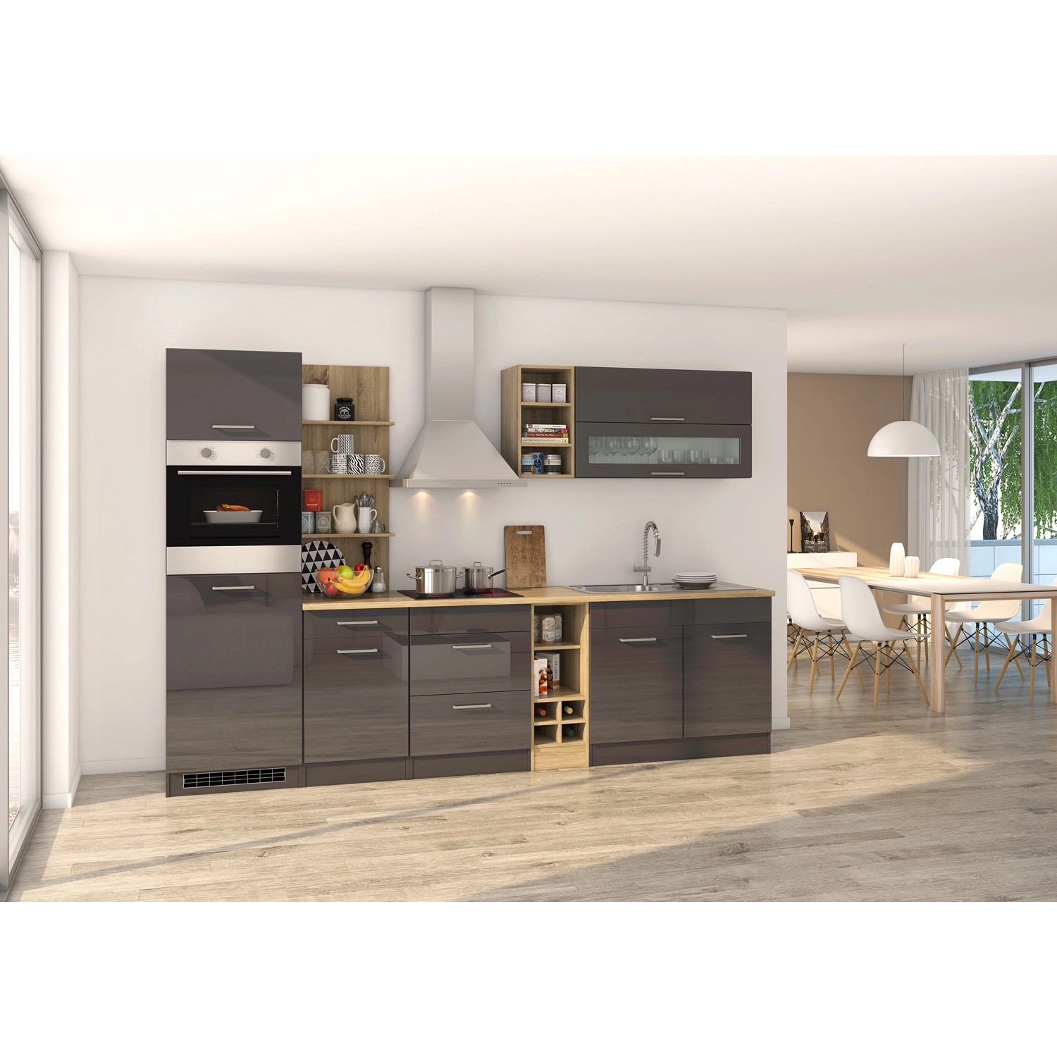 Held Möbel Küchenzeile Mailand 300 cm Grau Hochglanz-Grau Matt mit E-Geräten von Held Möbel