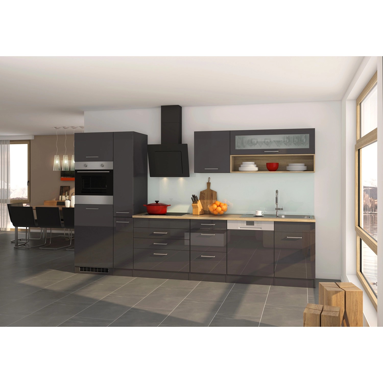 Held Möbel Küchenzeile Mailand 330 cm Grau Hochglanz-Grau Matt mit E-Geräten von Held Möbel