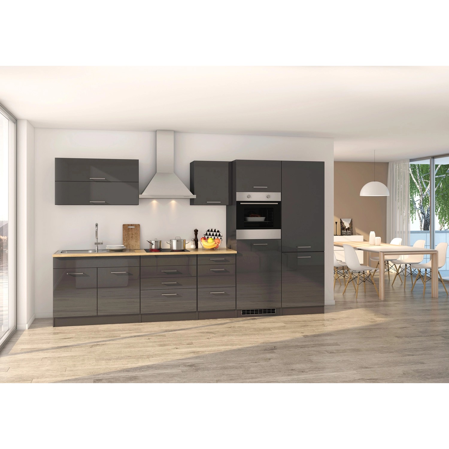 Held Möbel Küchenzeile Mailand 350 cm Grau Hochglanz-Grau Matt mit E-Geräten von Held Möbel
