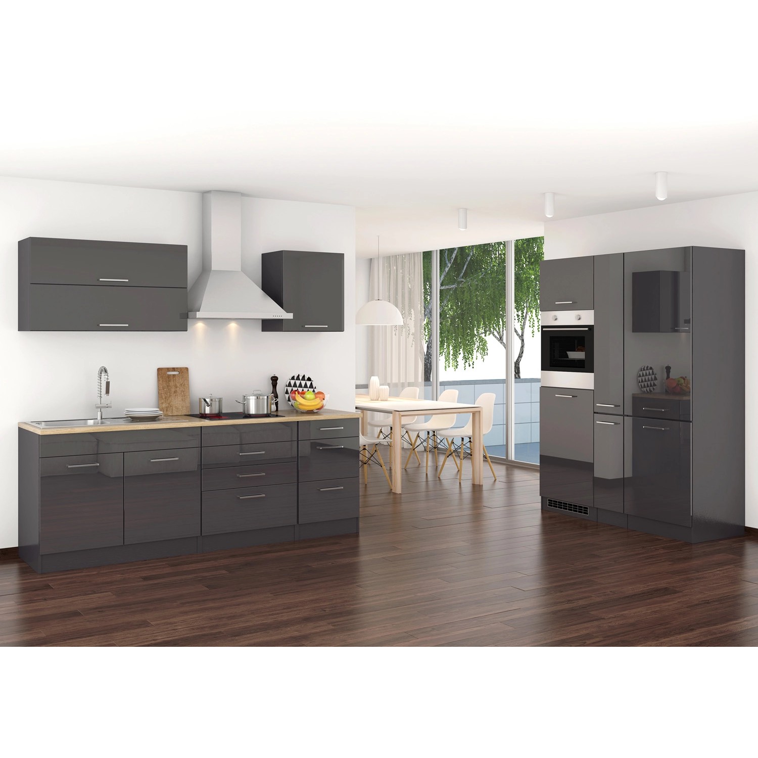 Held Möbel Küchenzeile Mailand 380 cm Grau Hochglanz-Grau Matt mit E-Geräten von Held Möbel
