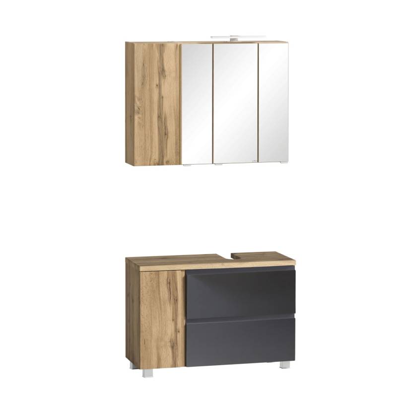 Held Möbel 2-tlg Unterbecken-Set Ancona 85cm Mattgrau-Wotaneiche Ausschn. rechts von Held Möbel