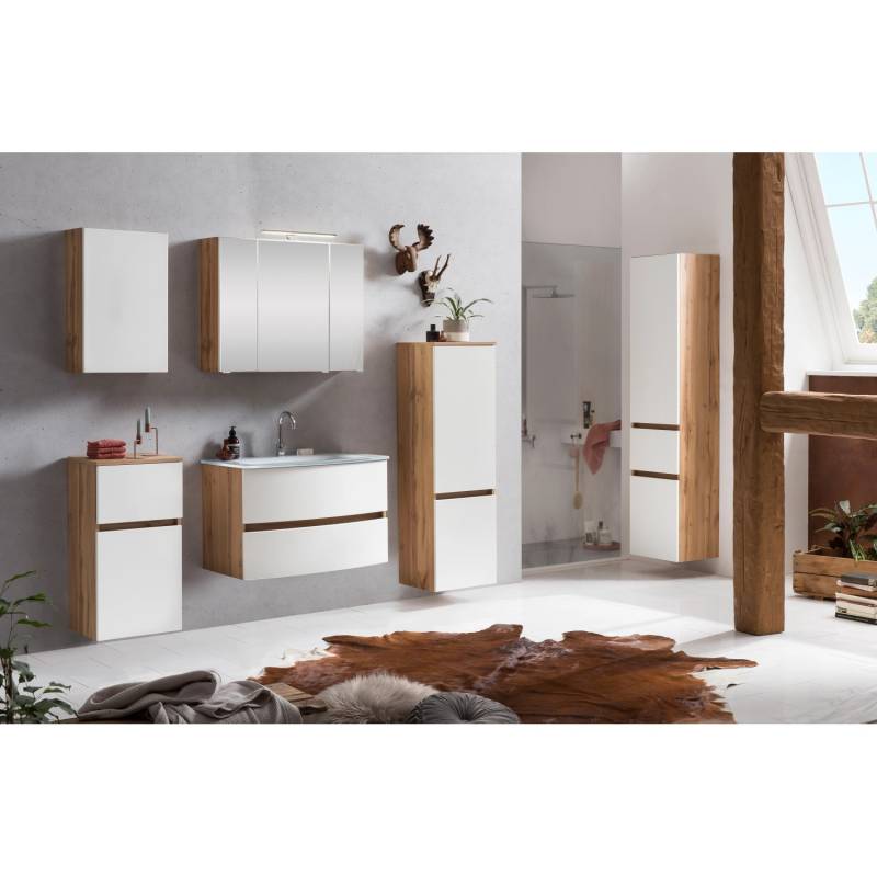 Held Möbel 2-tlg. Waschtisch-Set Salerno 80 cm matt Weiß-Wotaneiche Glasbecken von Held Möbel