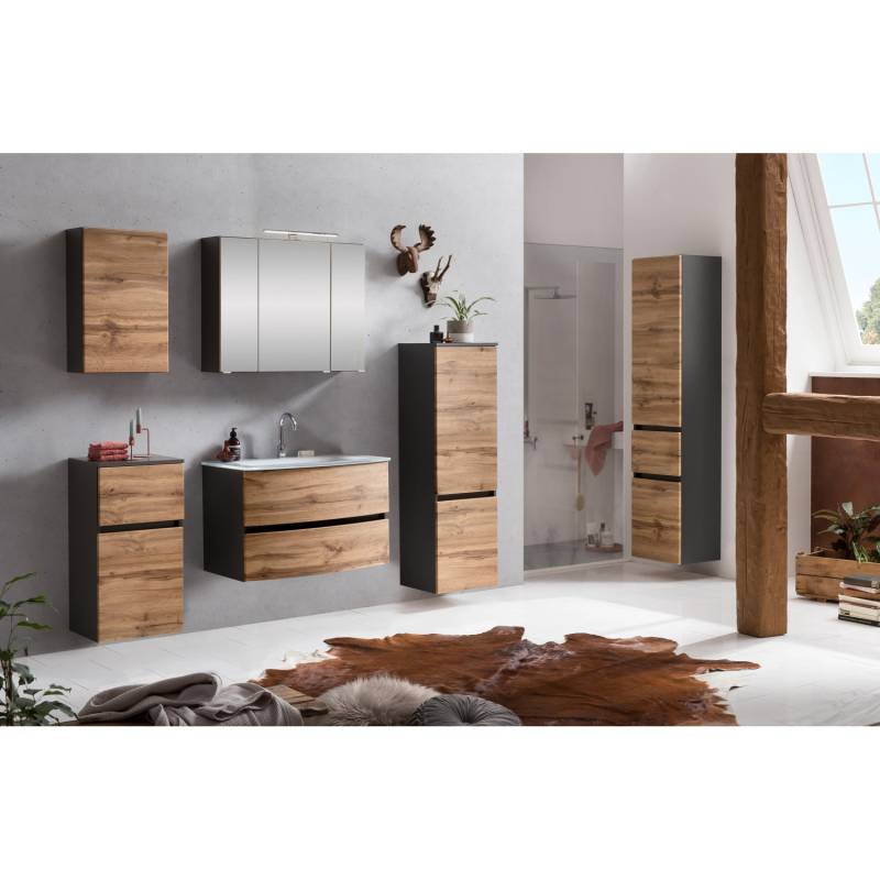 Held Möbel 2-tlg. Waschtisch-Set Salerno 80 cm Wotaneiche-Graphitgrau Glasbecken von Held Möbel