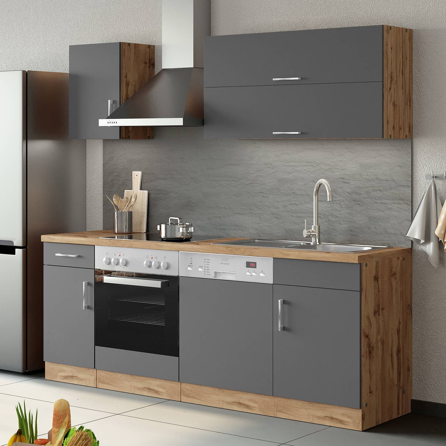 home24 Küchenzeile Sorrento II 210 x 200 x 60cm Grau/Grau/Wotaneiche Dekor mit Elektrogeräten von home24