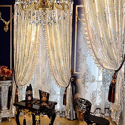 Gefütterte weiße Pompons, Luxus-Vorhang für Wohnzimmer, Folie, silberfarben, Verdunkelungs-Samt, 2 Paneele, Vorhänge-Set, luxuriöse Quaste, Schlafzimmervorhänge (gefüttert-weiß, 52 B x 96 L) × 2 von Helen curtain