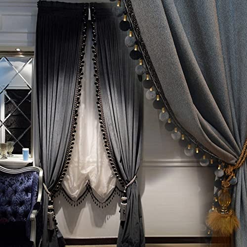 Helen curtain Luxuriöser Pompom-Vorhang für Wohnzimmer, Verdunkelung, Samt, 2 Paneele, Vorhänge-Set, Luxus-Quaste, Schlafzimmer, Vorhänge (eisengrau, 50 B x 108 L) × 2) von Helen curtain