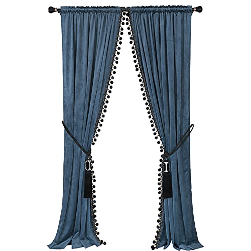 Helen curtain Luxuriöser Pompom-Vorhang für Wohnzimmer, Verdunkelung, Samt, 2 Vorhänge, Set, luxuriöse Quaste, Schlafzimmervorhänge (grau-blau, (50 B x 108 L) × 2) von Helen curtain