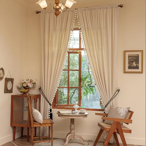 Luxuriöser Pompon-Vorhang für Wohnzimmer, Verdunkelungsvorhänge, Samt, 2 Paneele, luxuriöse Quasten-Vorhänge, Schlafzimmervorhänge (Beige, 50 x 84 L) x 2 von Helen curtain