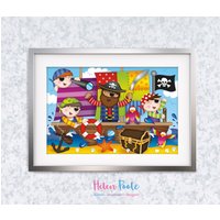 Swashbuckling Piraten - Kinder Bunte Schlafzimmer Kindergarten Illustration A4 Kunstdruck von HelenPooleBooks