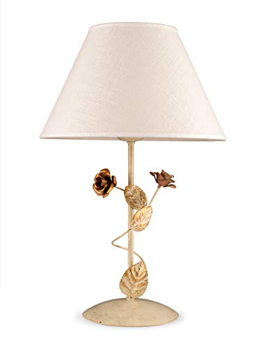 Helios Leuchten Florentiner Tischlampe mit Stoffschirm, florale Leuchte Landhausstil, Nachttisch-Lampe chabby, Schreibtischleuchte Blüten Blumendekor von Helios Leuchten