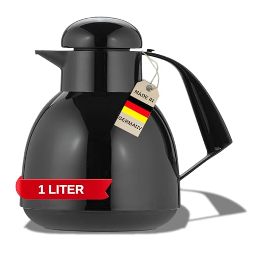 Helios Day Thermoskanne Schwarz 1L 6h Heiß - Hält Getränke heiß & kalt – Inkl. Teebeutelhalterung – Einfache Reinigung - Geeignet für Tee & Kaffee von Helios