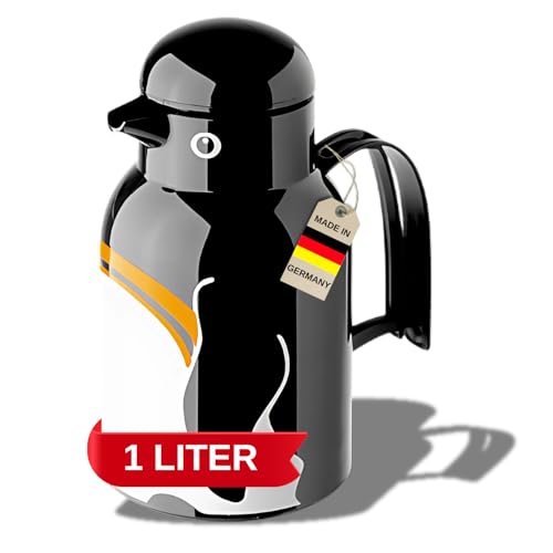 Helios Thermoskanne Thermo-Bird Pinguin 1L – 6h heiß - Hält Getränke warm & kalt – Einfache Dosierung mit Schnabel-Ausguss – Robuster Kunststoff, Schwarz von Helios