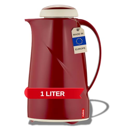 Helios Wave Thermoskanne Dunkelrot-6h Hält Getränke heiß & kalt Spülmaschinenfest – Leichter, robuster Kunststoffmantel – Ideal für Kaffee & Tee, Kunststoff, rot, 1 Liter von Helios
