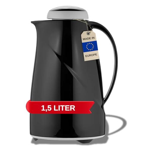 Helios Wave Thermoskanne Schwarz 1,5L - 6h Heiß - Hält Getränke heiß & kalt - Spülmaschinenfest – Leichter, robuster Kunststoffmantel – Ideal für Kaffee & Tee von Helios