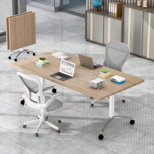 Heliosrider Konferenztisch Besprechungstisch Klappbar Rollbar für 8–10 Personen Rechteckiger Seminar Tisch für BüRo Konferenzraum Platzsparende(Wood,220 * 80 * 75CM) von Heliosrider