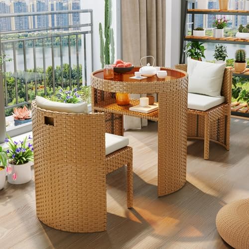 Heliosrider Rattan GartenmöBel Set Tisch Mit 2 StüHlen Outdoor BalkonmöBel Set Inkl & Kissen TerrassenmöBel Gartengarnitur Sitzgruppe für Garten Balkon Terrasse(Natural) von Heliosrider