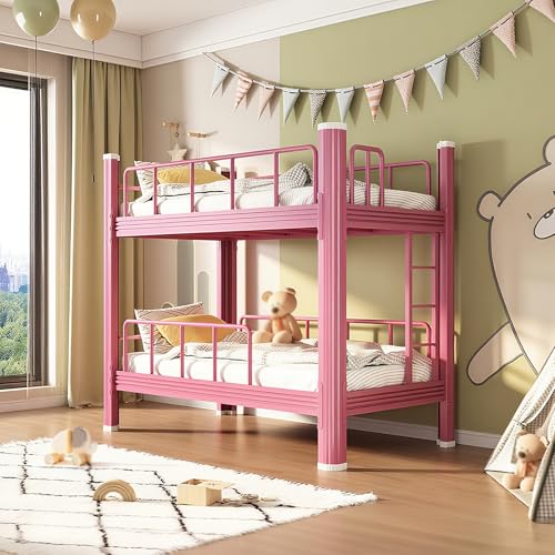 Hochbett Kinder Doppelstockbett Bunk Bed Stockbett Zapfen und Schlitzkonstruktion Double-Layer Iron Frame mit Rausfallschutz für Schlafzimmer Wohnheim Ohne Matratze(Pink,170 * 80 * 150CM) von Heliosrider