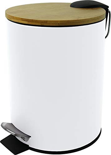 helit H2404405 - Tret-Abfallbehälter „the bamboo“, 3 Liter, mit Bambus Deckel, Behälter aus Metall, leise schließend, weiß, 1 Stück von Helit
