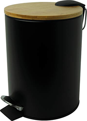 helit H2404495 - Tret-Abfallbehälter „the bamboo“, 3 Liter, mit Bambus Deckel, Behälter aus Metall, leise schließend, schwarz, 1 Stück von Helit