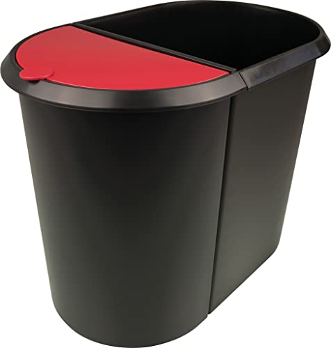 helit H6103992 - Papierkorb „the double“, 20 Liter/9 Liter, oval, umlaufender Griffrand, schwarz / rot, Mülleimer 2 Fächer von Helit