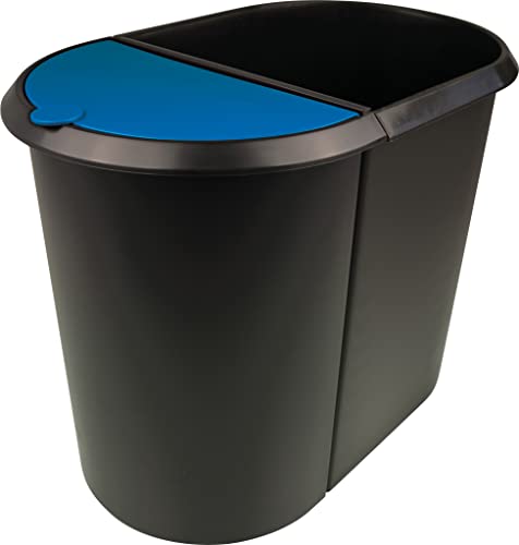 helit H6103993 - Papierkorb „the double“, 20 Liter/9 Liter, oval, umlaufender Griffrand, schwarz / blau, Mülleimer 2 Fächer von Helit