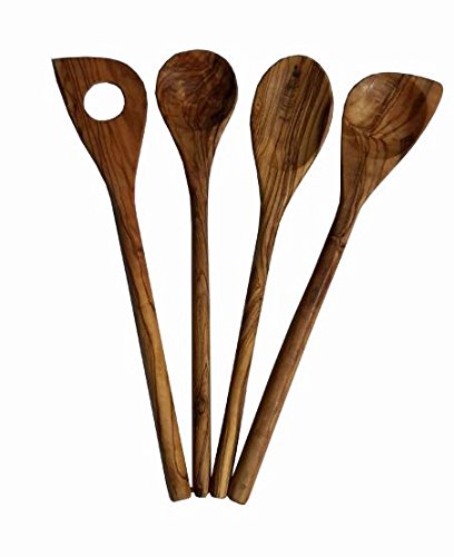 4x Olivenholz Kochlöffel Küchenhelfer Set Oliven Holz Koch Löffel Geschenk Set 4 Teile je ca. 30cm spitz oval rund Holzlöffel Küchenset von Hellenikos